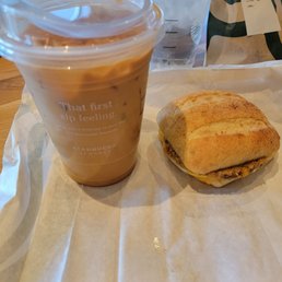 Pumpkin latte and breakfast sandwich Pumpkin latte and breakfast sandwich
