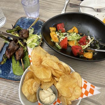 Bar Fuoco - Chips, watermelon and tomato salad, and bistecca skewers - Argentine Near Me - Chagrin Falls, Ohio