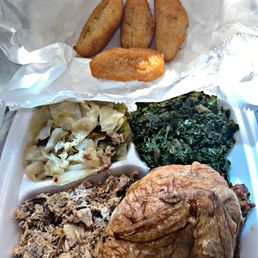 Bbq Combo plate, chicken, collard greens, cabbage, and hush puppies Bbq Combo plate, chicken, collard greens, cabbage, and hush puppies