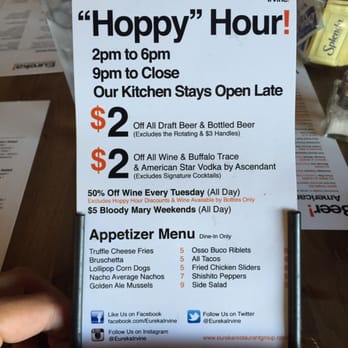Eureka! - Happy or "hoppy" hour menu - American Near Me - Irvine, California