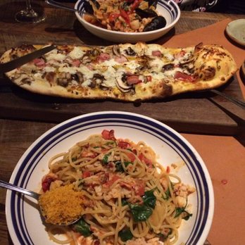 Scaddabush - Food for two (seafood pasta, smoked bacon and egg pizza and lobster spaghetti) - Italian Near Me - Scarborough, Ontario Scaddabush - Food for two (seafood pasta, smoked bacon and egg pizza and lobster spaghetti) - Italian Near Me - Scarborough, Ontario