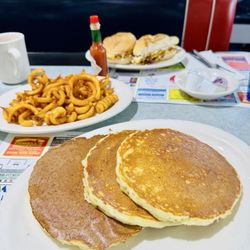 Scotchwood Diner - Egg & cheese Sammy, curly fries, pancakes