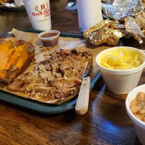Photo of Hard Eight BBQ - The Colony, TX, United States. Pulled pork, chicken, sweet potato, mac &amp; cheese, and pinto beans