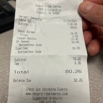 Desert Ridge Improv - "Bottomless" for $18.00 - didn't ask for it. Was automatically added to bill. Even though we purchased food. - Comedy Clubs Near Me - Phoenix, Arizona Desert Ridge Improv - "Bottomless" for $18.00 - didn't ask for it. Was automatically added to bill. Even though we purchased food. - Comedy Clubs Near Me - Phoenix, Arizona