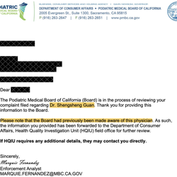 Bay Area Foot and Ankle Medical Clinic - Podiatric Medical Board Reply