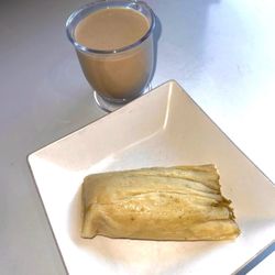 Green chicken tamal y champurrado. Look at how huge they are!!