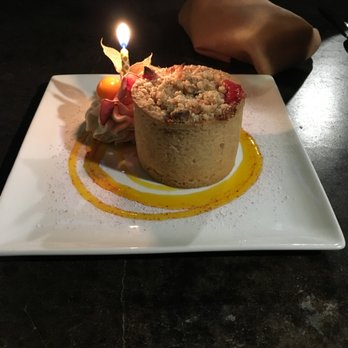 Millennium - Berry streusel dessert. Charming presentation with a candle for my birthday! - Vegan Near Me - Oakland, California Millennium - Berry streusel dessert. Charming presentation with a candle for my birthday! - Vegan Near Me - Oakland, California
