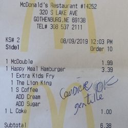McDonald's - 9 août 2019 / $6.83 pour deux bonne affaire !
