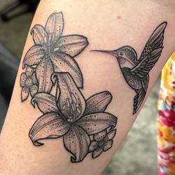 All Saints Tattoo - CARLOS YBARRA ALL SAINTS TATTOO #hummingbirdtattoo #lilytattoo #stargazerlilytattoo