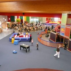 Mr. Scandis Funpark - Übersicht. Links (hinter dem Ficus) die Küche, dann der Eingang, rechts daneben Garderobe, davor die Tische und Bullriding,