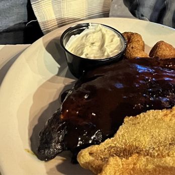 Blues City Cafe - Rib and catfish combo with hush puppy's and new potatoes - Southern Near Me - Memphis, Tennessee
