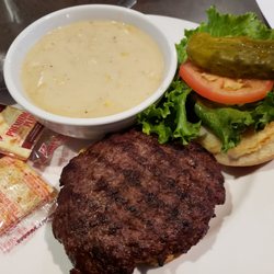 Smiley’s Bar & Grill - My hamburger  with soup instead of fries .
