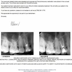 Siefferman Stephen, DDS - Report from endodontist noting the repair on two canals with X-ray attached.