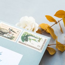 Olive & Emerald - Coordinating postage stamps on a custom stationery suite for an intimate wedding ceremony.