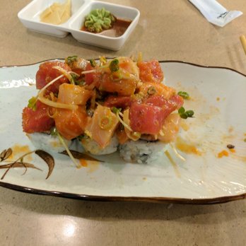 Toshi 1.0 - Lava roll minus two pieces. Essentially a poke bowl on a California roll - Japanese Near Me - Atascadero, California Toshi 1.0 - Lava roll minus two pieces. Essentially a poke bowl on a California roll - Japanese Near Me - Atascadero, California