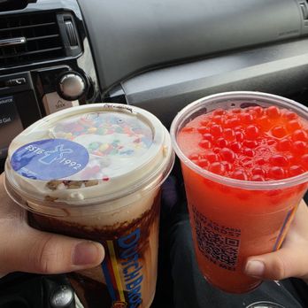 Dutch Bros Coffee - Cosmic cookie dough freeze with sprinkles and Vampire Slayer with strawberry boba - Juice Bars & Smoothies Near Me - Fort Worth, Texas Dutch Bros Coffee - Cosmic cookie dough freeze with sprinkles and Vampire Slayer with strawberry boba - Juice Bars & Smoothies Near Me - Fort Worth, Texas