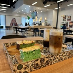 Qamaria Yemeni Coffee - Pistachio Milk Cake, Pistachio Basbousa, Qamaria Latte, and Brown Sugar Oat Milk Shaken Espresso (my favorite)