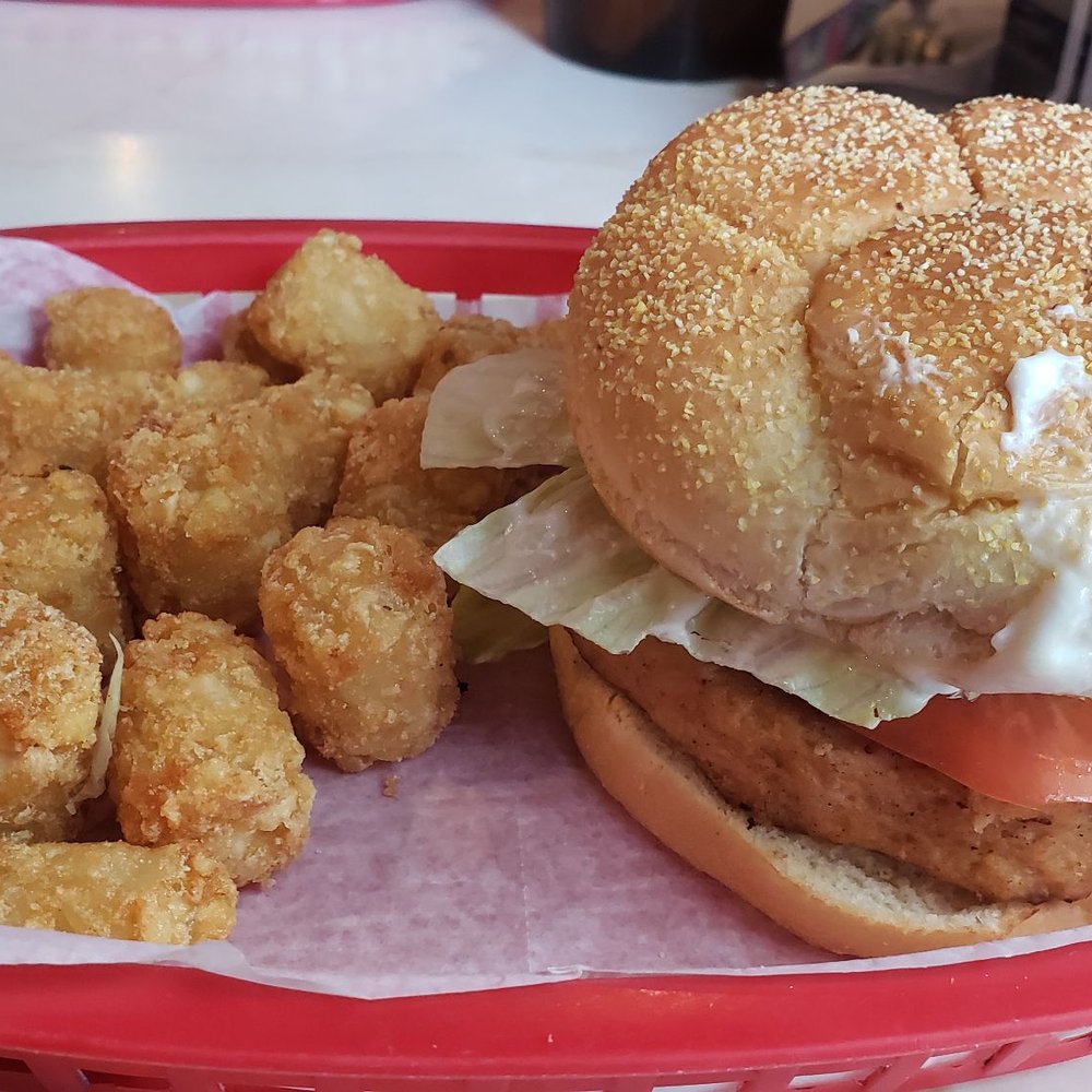 Friendly Stop Bar and Grill - Salmon burger + tots - Burgers Near Me - Cincinnati, Ohio