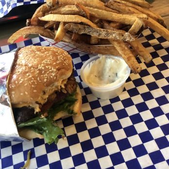 Nutty's Junkyard Grill - Two barrel with a black bean Patty. Fries and tarter sauce. - American Near Me - Arlington, Washington Nutty's Junkyard Grill - Two barrel with a black bean Patty. Fries and tarter sauce. - American Near Me - Arlington, Washington