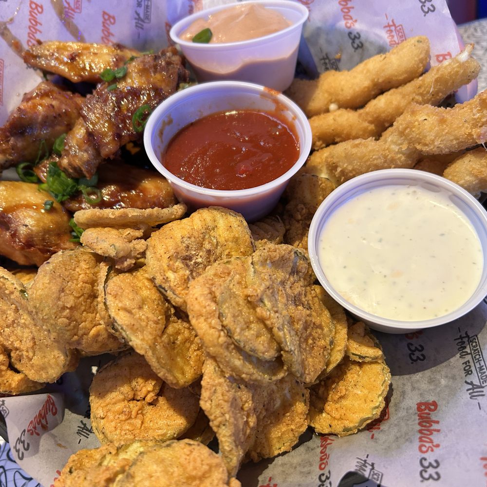 Bubba's 33 - combo appetizer: teriyaki wings (pick your glaze), fried pickles & cheese sticks - American Near Me - Tempe, Arizona