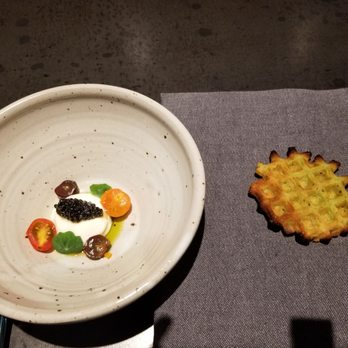 Nonesuch - Herbed waffle with creme fraiche, caviar and tomatoes. - New American Near Me - Oklahoma City, Oklahoma