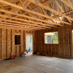 Brad Jones Construction - Inside garage looking toward the breezeway and house.