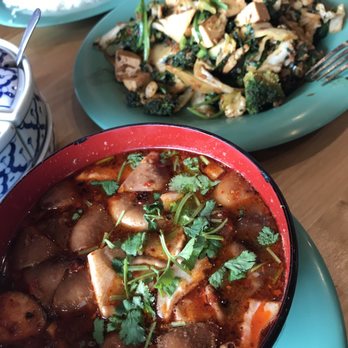 Saffron Thai - Tom Yum mushroom and shrimp soup & brain boost stir fry with tofu - Thai Near Me - San Diego, California