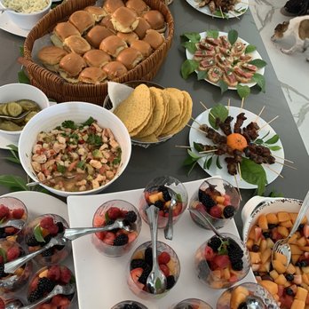 Jordan's Creative Catering Concepts - This was our pool snack spread! BBQ porn sliders, ceviche tostadas, meat skewers, guac and salsa, and frozen Prosecco fruit cups - Caterers Near Me Jordan's Creative Catering Concepts - This was our pool snack spread! BBQ porn sliders, ceviche tostadas, meat skewers, guac and salsa, and frozen Prosecco fruit cups - Caterers Near Me