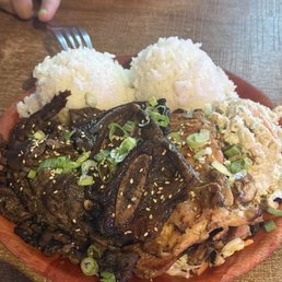 BBQ COMBO PLATE LARGE (marinated grilled chicken, beef teriyaki, beef short ribs). White rice and macaroni salad. BBQ COMBO PLATE LARGE (marinated grilled chicken, beef teriyaki, beef short ribs). White rice and macaroni salad.