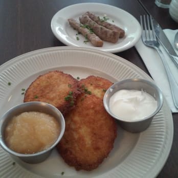 Schulte & Herr - Potato pancakes with Apple sauce and sour cream. Side order of sausages - German Near Me - Portland, Maine Schulte & Herr - Potato pancakes with Apple sauce and sour cream. Side order of sausages - German Near Me - Portland, Maine