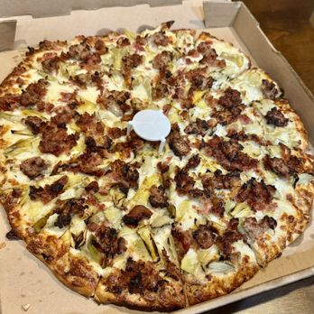 Mountain Mike's Pizza - 11.10.23 Create Your Own Pizza - bacon, sausage, artichokes on white sauce - Pizza Near Me - Roseville, California Mountain Mike's Pizza - 11.10.23 Create Your Own Pizza - bacon, sausage, artichokes on white sauce - Pizza Near Me - Roseville, California