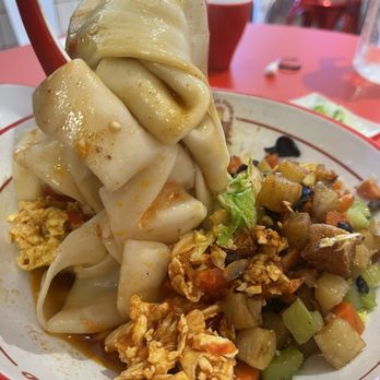 Old Xian’s Food - Showing off how wide the biang biang noodles are! - Chinese Near Me - Vancouver, British Columbia