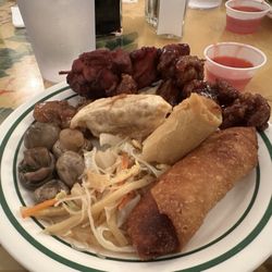 Hunan Chinese Restaurant - Plate #1 Egg Roll, Mushrooms, General Tso's Chicken, Chicken on a Stick, Dumpling