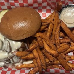Harley Jack's Burgers & Brews - Boston lager burger with sweet potato fries