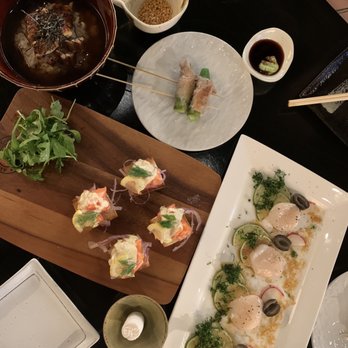 Shigotonin - Start from the left, Unagi chazuke, Yuzu salmon toast, and scallop carpaccio - Japanese Near Me - Las Vegas, Nevada Shigotonin - Start from the left, Unagi chazuke, Yuzu salmon toast, and scallop carpaccio - Japanese Near Me - Las Vegas, Nevada