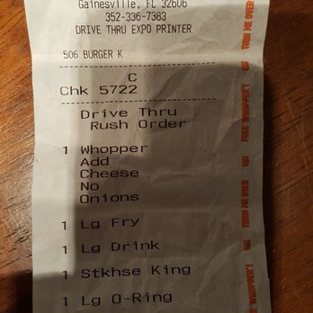 Burger King - Simple order that took over an hour to get and it was still wrong. - Burgers Near Me - Gainesville, Florida