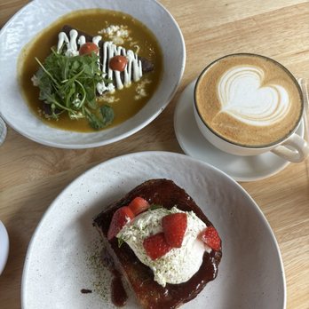 CasaEma - Toast, mushroom tetela and horchata latte - Mexican Near Me - Houston, Texas
