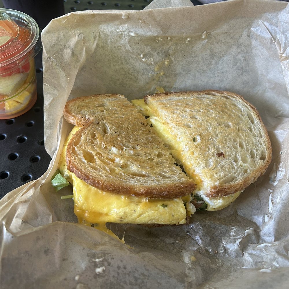 Breakfast sandwich on sourdough. I added cheddar cheese. Breakfast sandwich on sourdough. I added cheddar cheese.