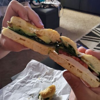 Rich's Bagels - one slice of turkey on the left, no ham. on the right, a turkey cranberry with no turkey. - Bagels Near Me - Holladay, Utah