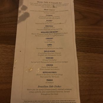Fogo de Chão - best of brazil menu (menu was given to us already dirty prior to the meal) - Brazilian Near Me - Pasadena, California
