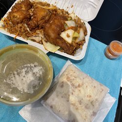 Benab Family Restaurant - Chicken & Roti (the chicken is in a separate container); combo C fried rice, chicken wings, chicken and vegetables.