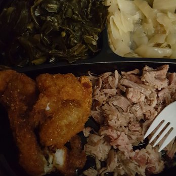 Dixie Bones BBQ - 2 meat platter with catfish, pulled pork, cabbage and collards...NASTY...NO FLAVOR AT ALL! - Barbeque Near Me - Woodbridge, Virginia