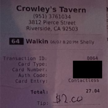Crowleys Tavern Pizza and Brew - My reciept - Bars Near Me - Riverside, California Crowleys Tavern Pizza and Brew - My reciept - Bars Near Me - Riverside, California