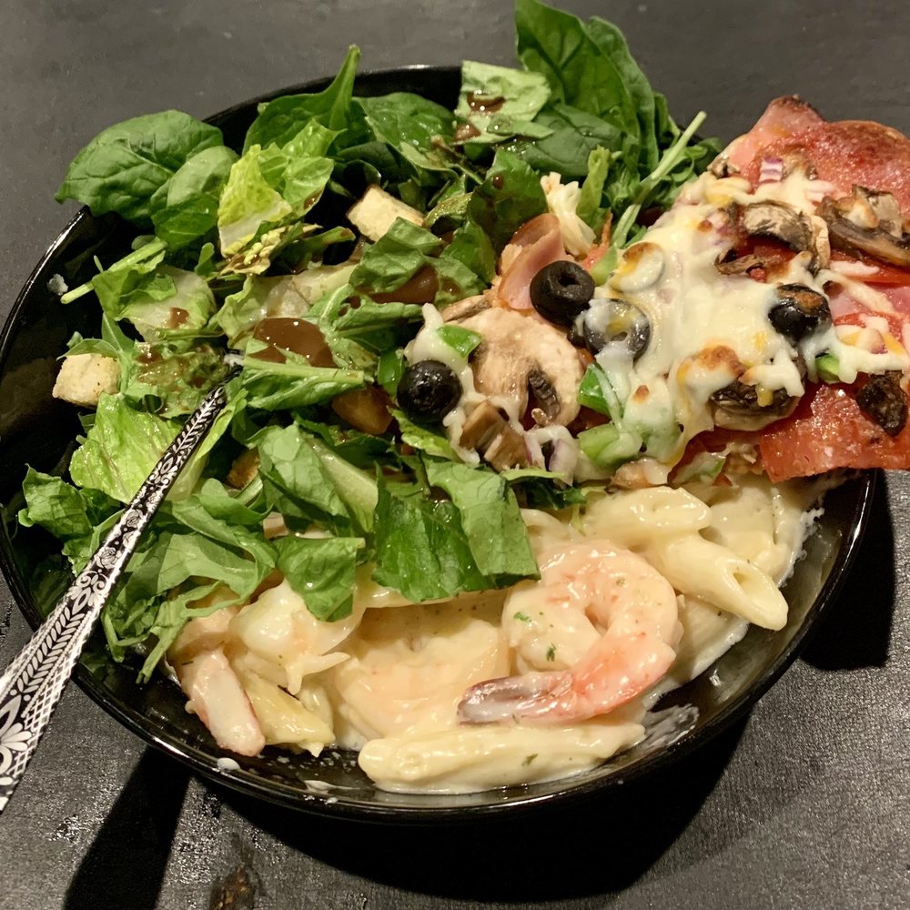 Shrimp Penne Alfredo, Mixed Green Salad with Vinaigrette dressing, Combination Pizza. Shrimp Penne Alfredo, Mixed Green Salad with Vinaigrette dressing, Combination Pizza.