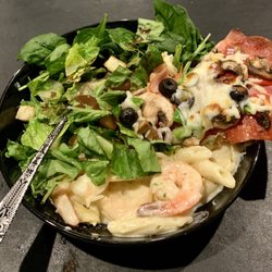 Tastebuds - Shrimp Penne Alfredo, Mixed Green Salad with Vinaigrette dressing, Combination Pizza.