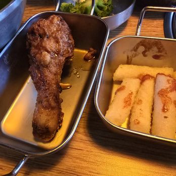 Rockstar BBQ - Fried chicken drumstick (soy glaze). Fried Tteokbokki on the right. - Barbeque Near Me - Valley Stream, New York