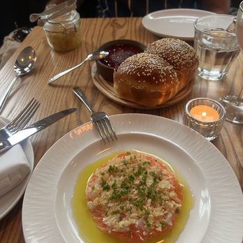 Maven - Salmon Crudo, Challah with chicken liver mousse pate - Modern European Near Me - Toronto, Ontario