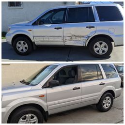 Before and after. Bottom frame on doors bent, doors damaged and paint wrecked. Beautiful job and great price. Beautiful! Before and after. Bottom frame on doors bent, doors damaged and paint wrecked. Beautiful job and great price. Beautiful!