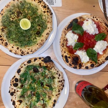 La Natural - Top - white sauce. scallions. szechuan peppercorn  Bottom - white sauce. wild mushrooms. fontina. parsley Right - burrata pizza - Pizza Near Me - Miami, Florida