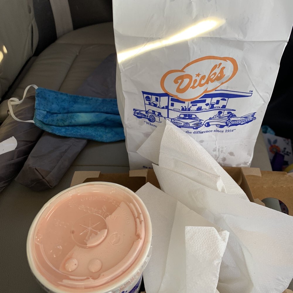 Dick's Drive-In - Strawberry shake and bag with fries in it. - Burgers Near Me - Edmonds, Washington Dick's Drive-In - Strawberry shake and bag with fries in it. - Burgers Near Me - Edmonds, Washington